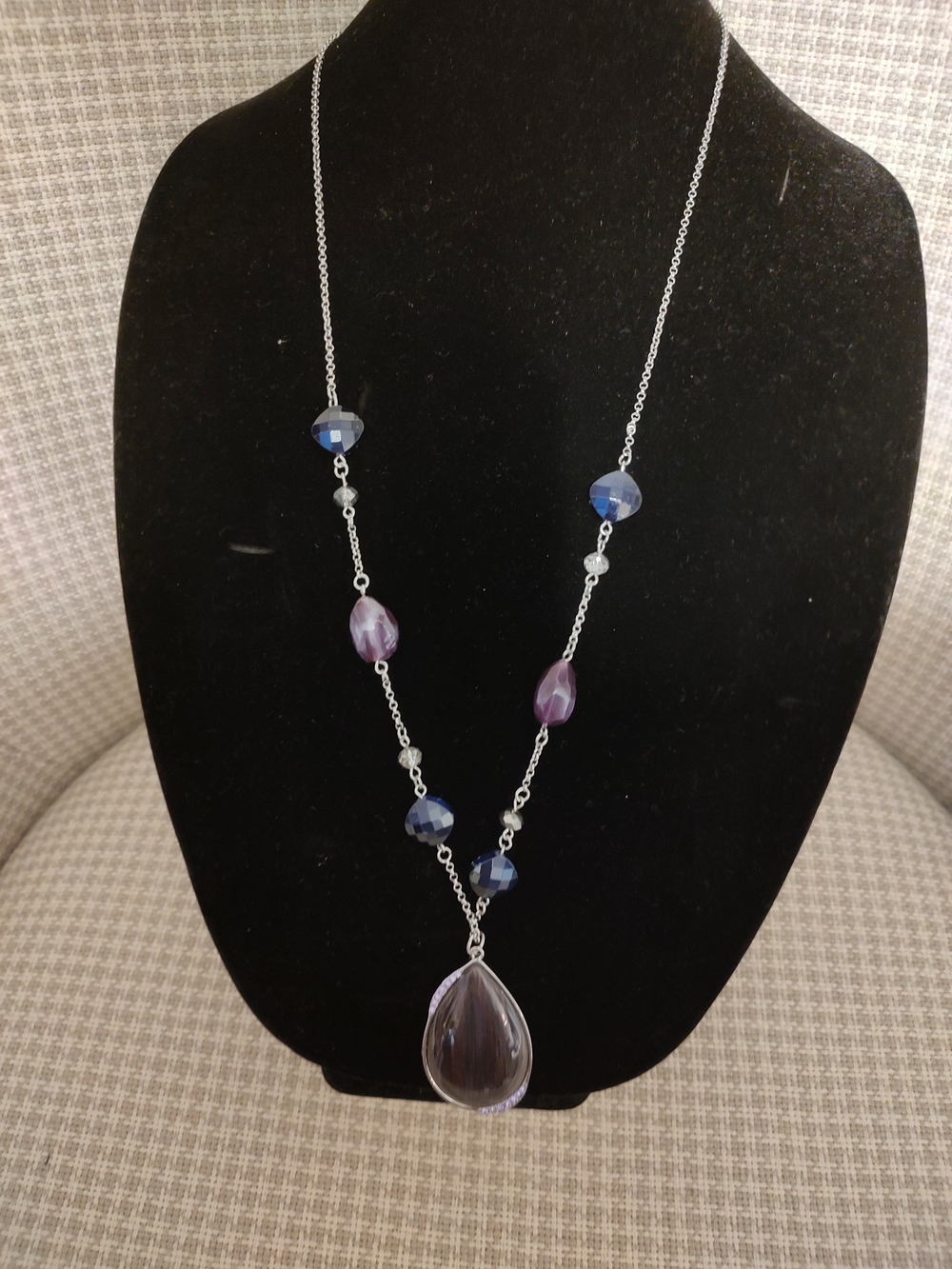 Chico's Silver-Tone Necklace with Purple and Blue Beads and Teardrop Pendant